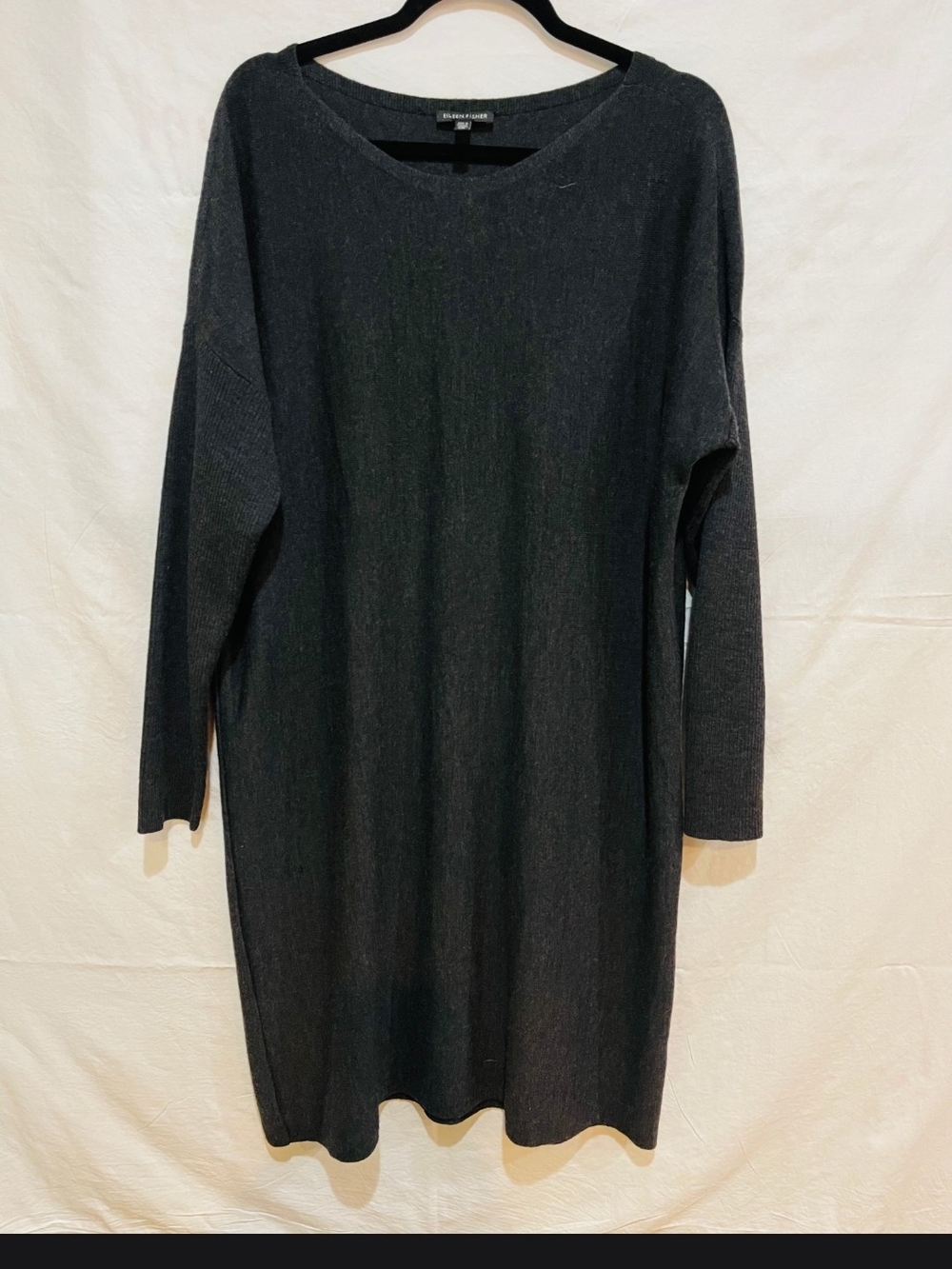 Eileen Fisher Dark Charcoal Gray Long Sleeve Knit Dress. Has Small Hole In Front